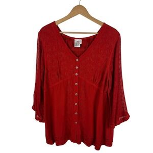 Parsley & Sage Red Embroidered Blouse Size XL Button Front Artsy Flowy Romantic